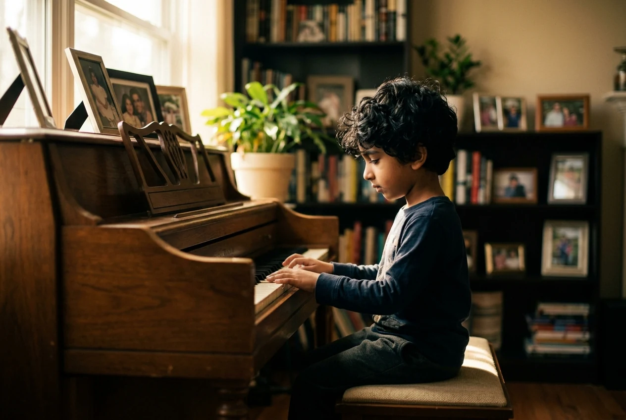 Ashie Keys as a young child looking at a piano under soft light