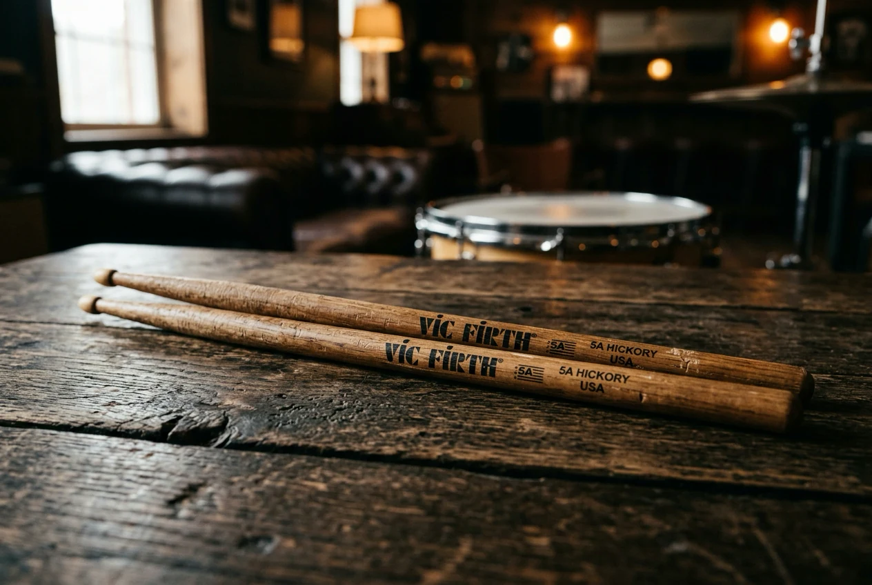 A pair of wooden drumsticks resting on a textured wooden table