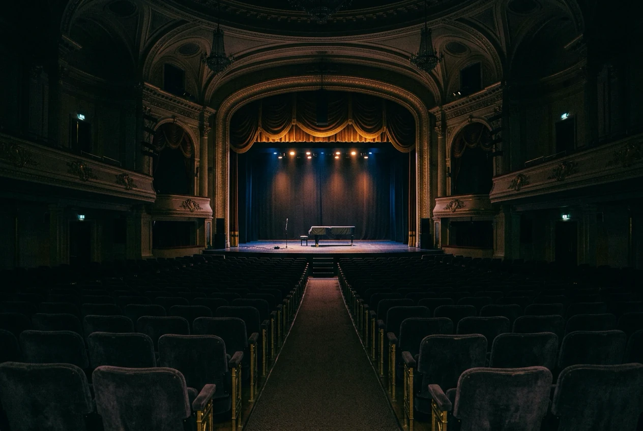 A dark, empty concert hall seen from the back of the stage