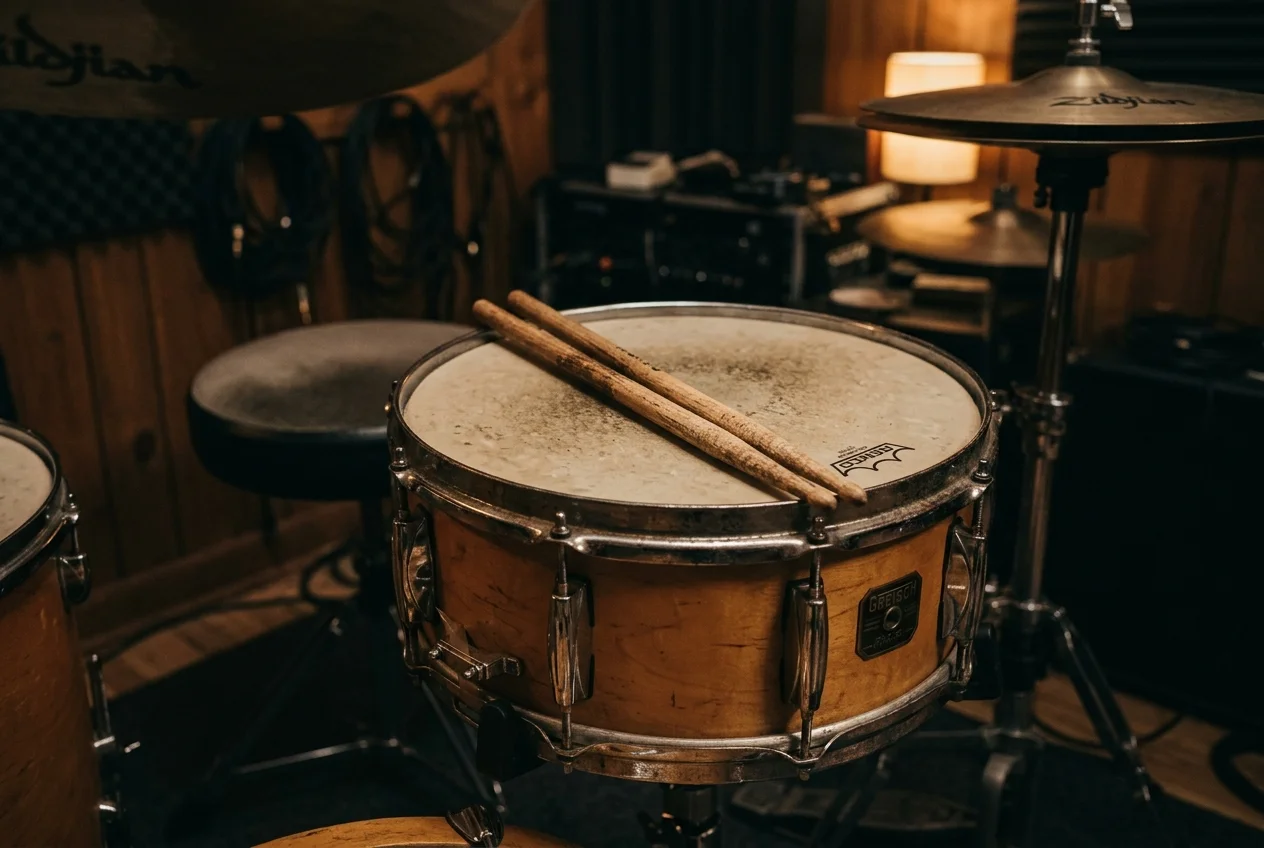 Wooden drumsticks resting on an acoustic snare drum in a warm rehearsal studio