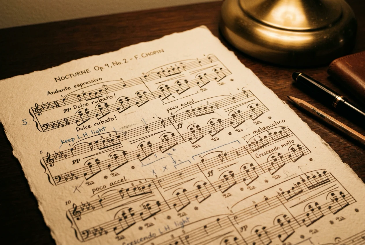 A close-up of sheet music with handwritten annotations