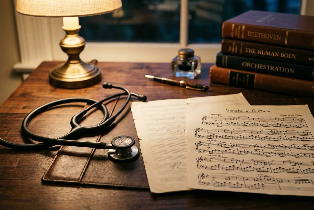 A stethoscope resting next to music manuscripts on a desk
